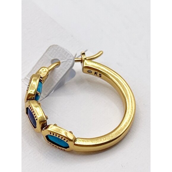 New Kendra Scott Mini Elisa Hoop Earrings In Vintage Gold Blue Mix Gift For Her - Picture 4 of 6